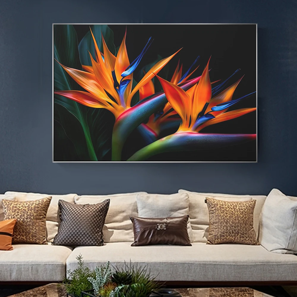 

Bird of Paradise Flower Black Background Canvas Paintings Posters Prints Living Room Bedroom Wall Art Pictures Modern Home Decor