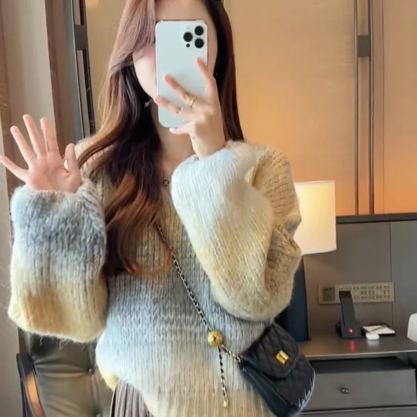 Short Jumper Sweater Women Y2k Clothes Pullover Pink Gradient Korean Fashion O-Neck Autumn Winter 2024 Casual Tops Chic Female