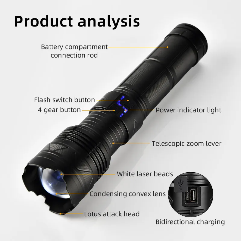 Powerful LED Flashlight Super Bright Spotlight Long Range Zoomable Emergency Torch Outdoor Lamp Lantern Power Display