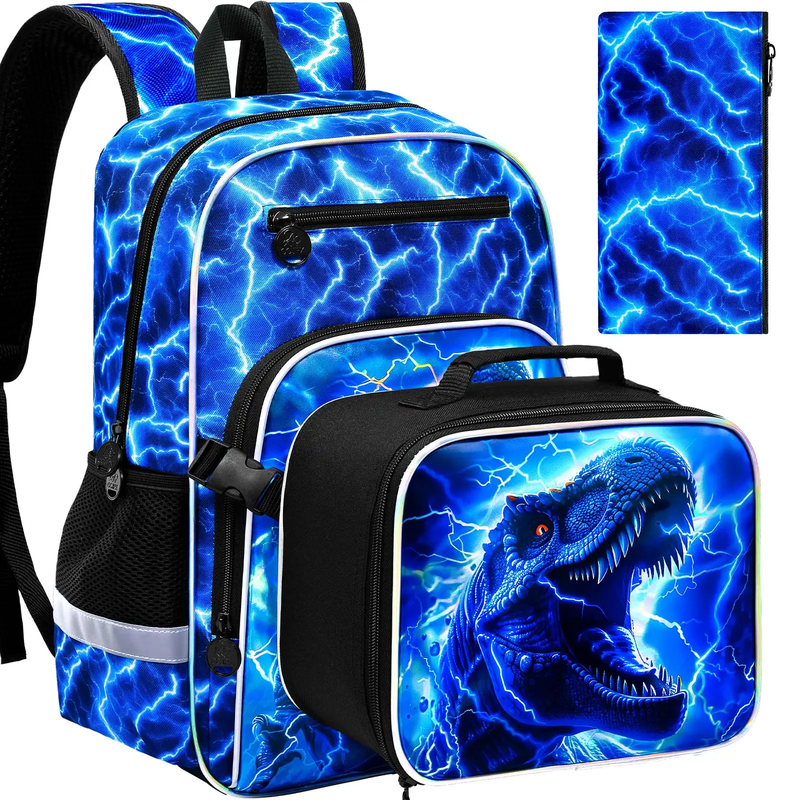 

Lightning Dinosaur Backpack for Boys, 3PCS Kids Bookbag Set with Clip-On Lunch Box, 17” Water Resistant School Bag for Elementar