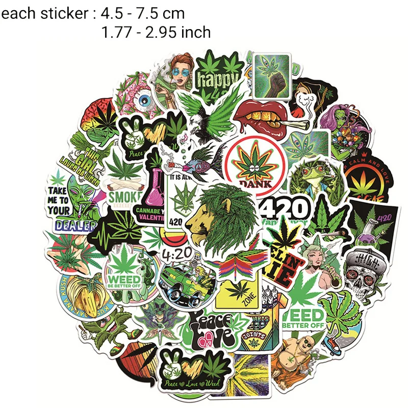 50PCS Weed Marijuana Leaves Plant Vinyl Stickers Decal For Bottles Waterproof Laptop Skateboard Computer Car Bike Teens Adults