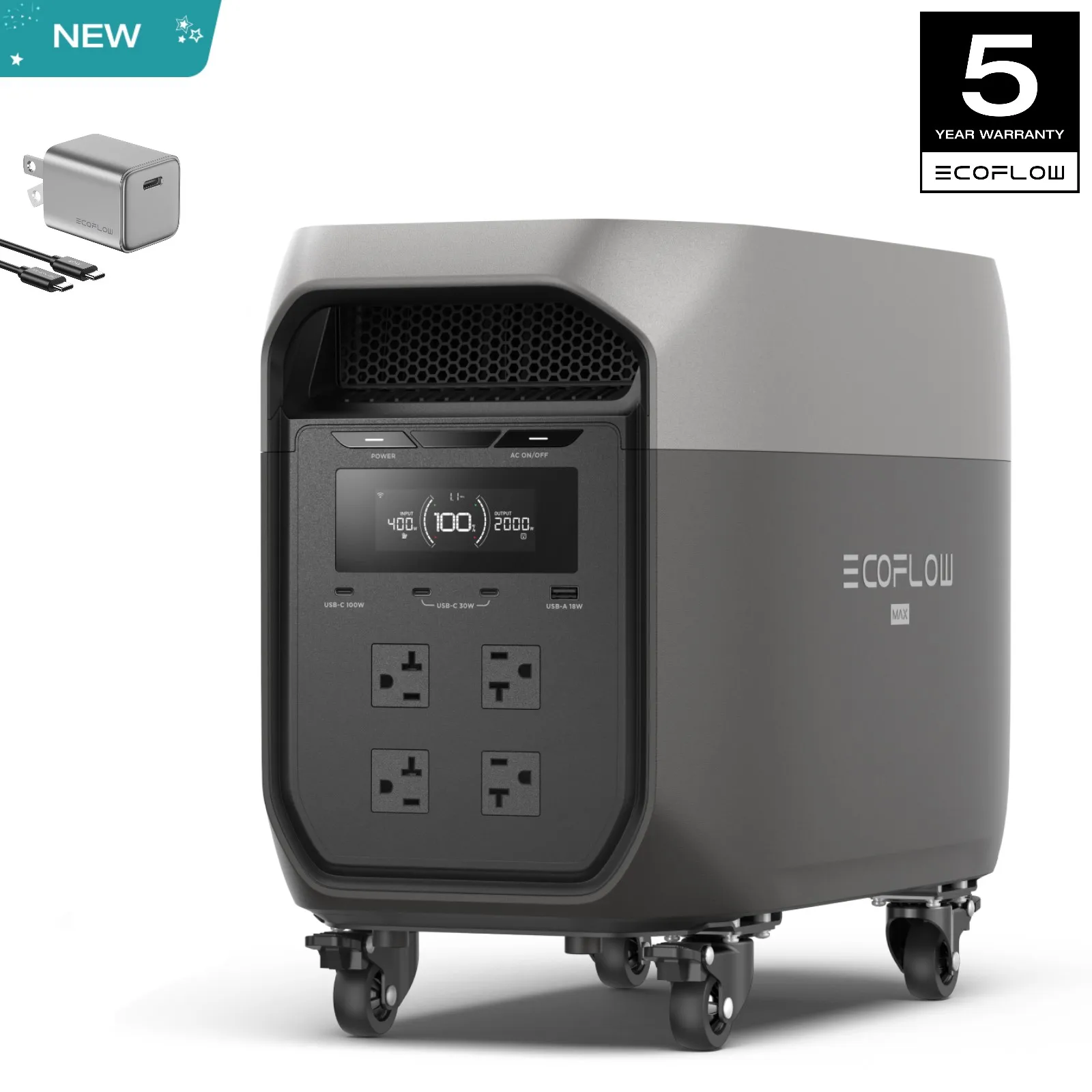 

Портативная электростанция ECOFLOW DELTA 3 MAX с отсоединяемыми колесами, выходная мощность 3400 Вт X-Boost, сверхбыстрая зарядка 0-80% за 1,13 часа