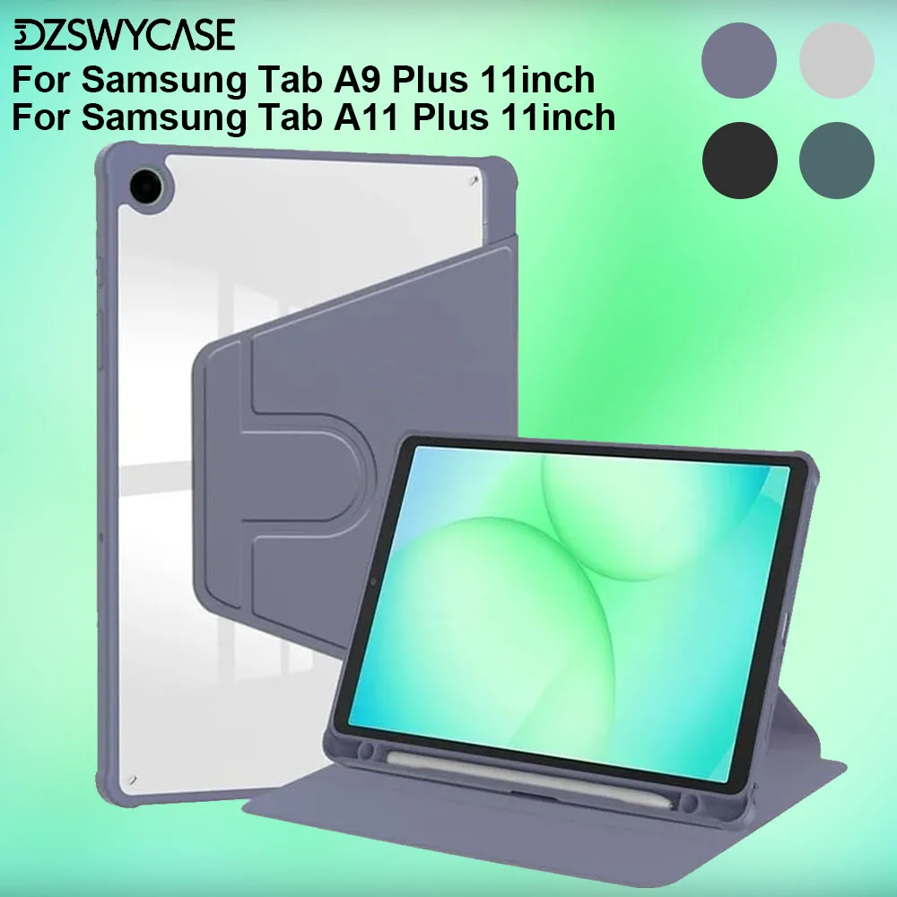 360° Rotating Case for Samsung Galaxy Tab A9/A11 Plus 11 Inch, with Pencil Holder, Hard Clear Back Cover, Auto Wake/Sleep