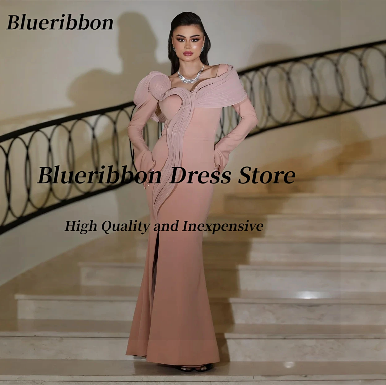 

Blueribbon Индивидуальные вечерние платья в Саудовской Аравии с оборками и длинными рукавами, платье для выпускного вечера на молнии сзади и разрезом по бокам, Vestidos Des Noches