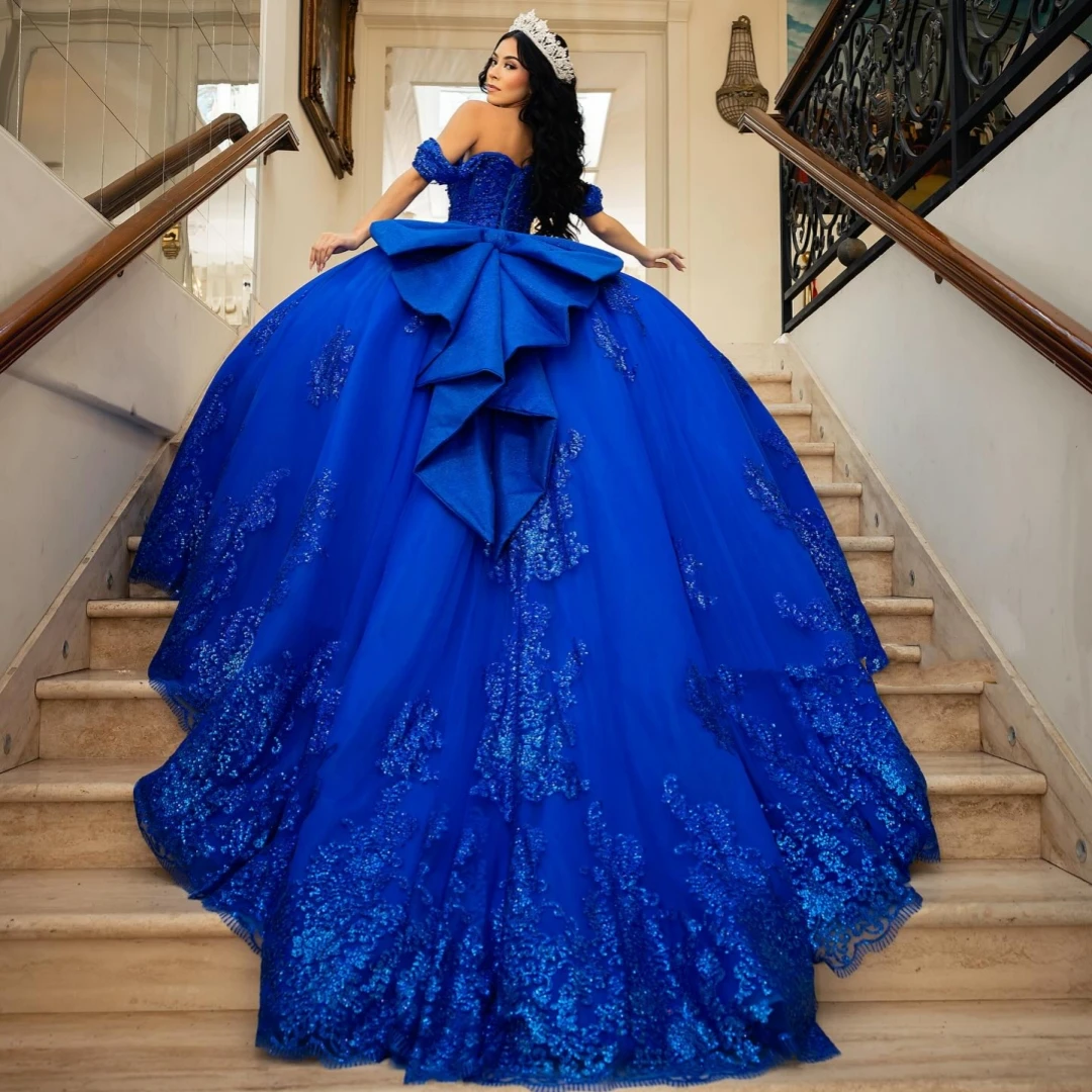 EVLAST Customized Royal Blue Quinceanera Dress Ball Gown Sequins Applique Beading Corset Sweet 16 Vestido De 15 Anos TQD985