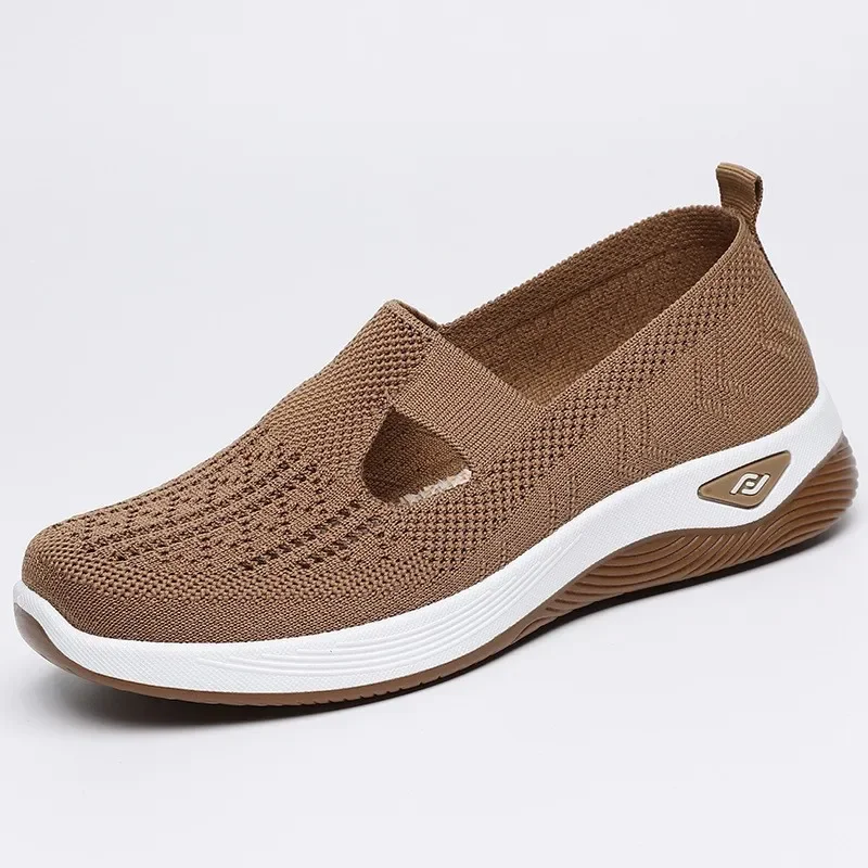 2025 Spring Breathable Knitted Sports Shoes for Women, Large Sized Hollow Soft Soled Flat Shoes for Women, Non Slip Casual Shoes