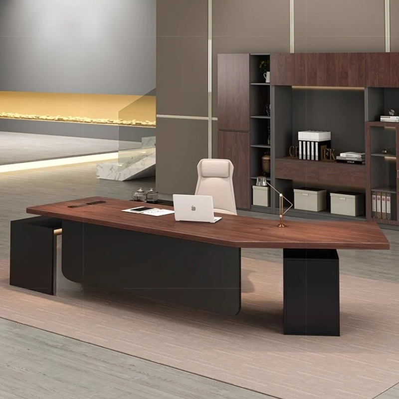 Modern Luxury high-end solid wood office computer desk simple modern creative special-shaped boss table with side cabinet Nordic