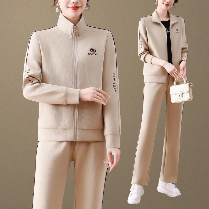 

Модный антивозрастной спортивный костюм для женщин, весна-осень 2025, новинка, повседневный комплект с длинным рукавом на молнии, футболка-поло...