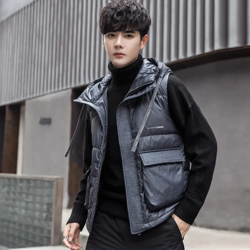 Down Vest Men Jacket Korean Fashion Warm Hooded Sleeveless Gilet Homme Autumn Winter Pocket Casual Short Waistcoat