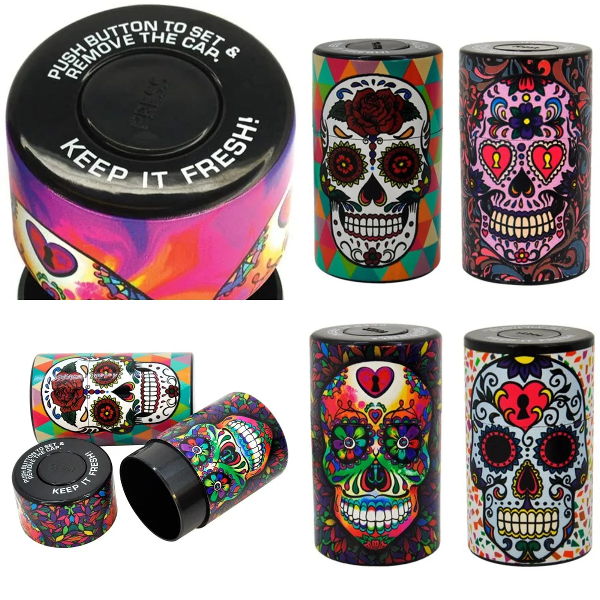 Plastic Air Tight Can-Stash Vacuum Sealed Spice, Tobacco Jar with Tie Dye Skull