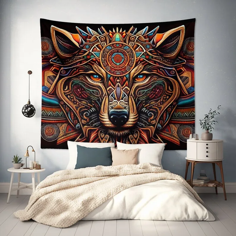 Tribal Wolf Mandala Tapestry Psychedelic Animal Wall Art Bohemian Room Decor Native American Style Hanging