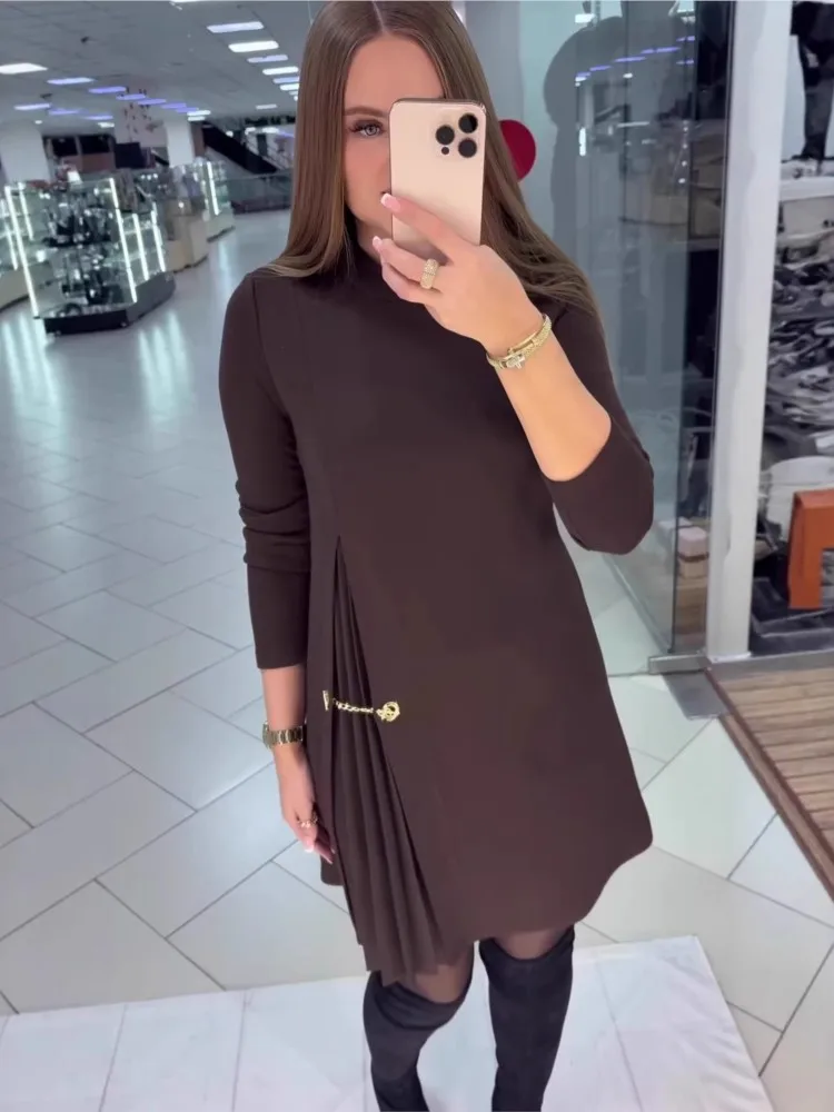 Damen O-Ausschnitt Langarm-Minikleid, Unregelmäßig Plissiertes Kurzes Kleid, Elegantes Büro- und Partykleid, Lässige Kleider für Damen