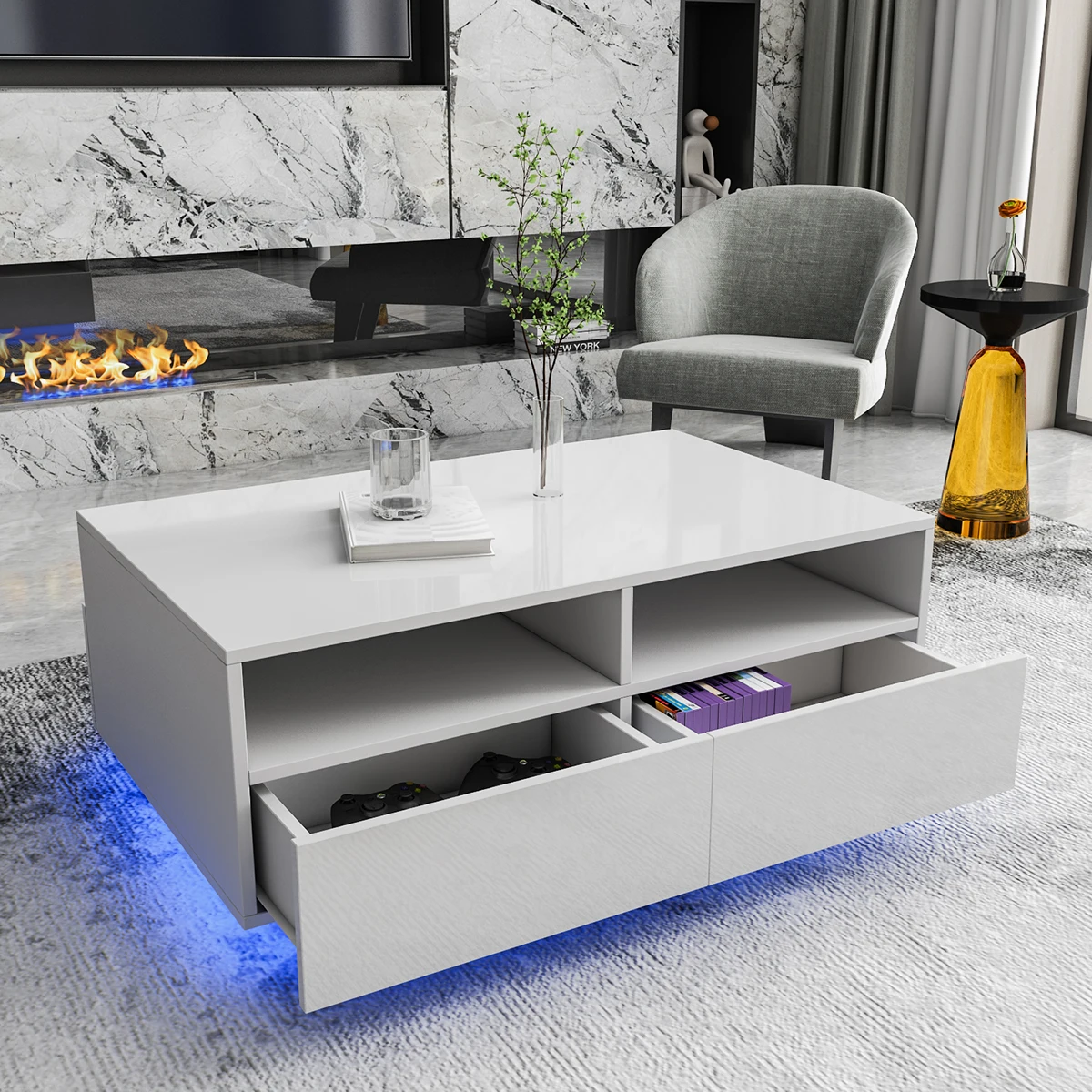 Coffee Table with Remote Built-in Power 16 Colors LED Lights 4 Drawers Open Storage Compartment Living Room 2 Tiers Office Table