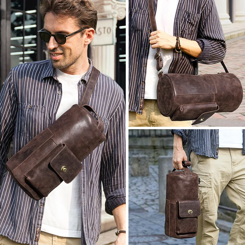 Sac messager cylindrique en cuir de vache véritable pour homme, étui à bandoulière, sacs arrondis, vintage, véritable, nouveau cadeau unique, initié