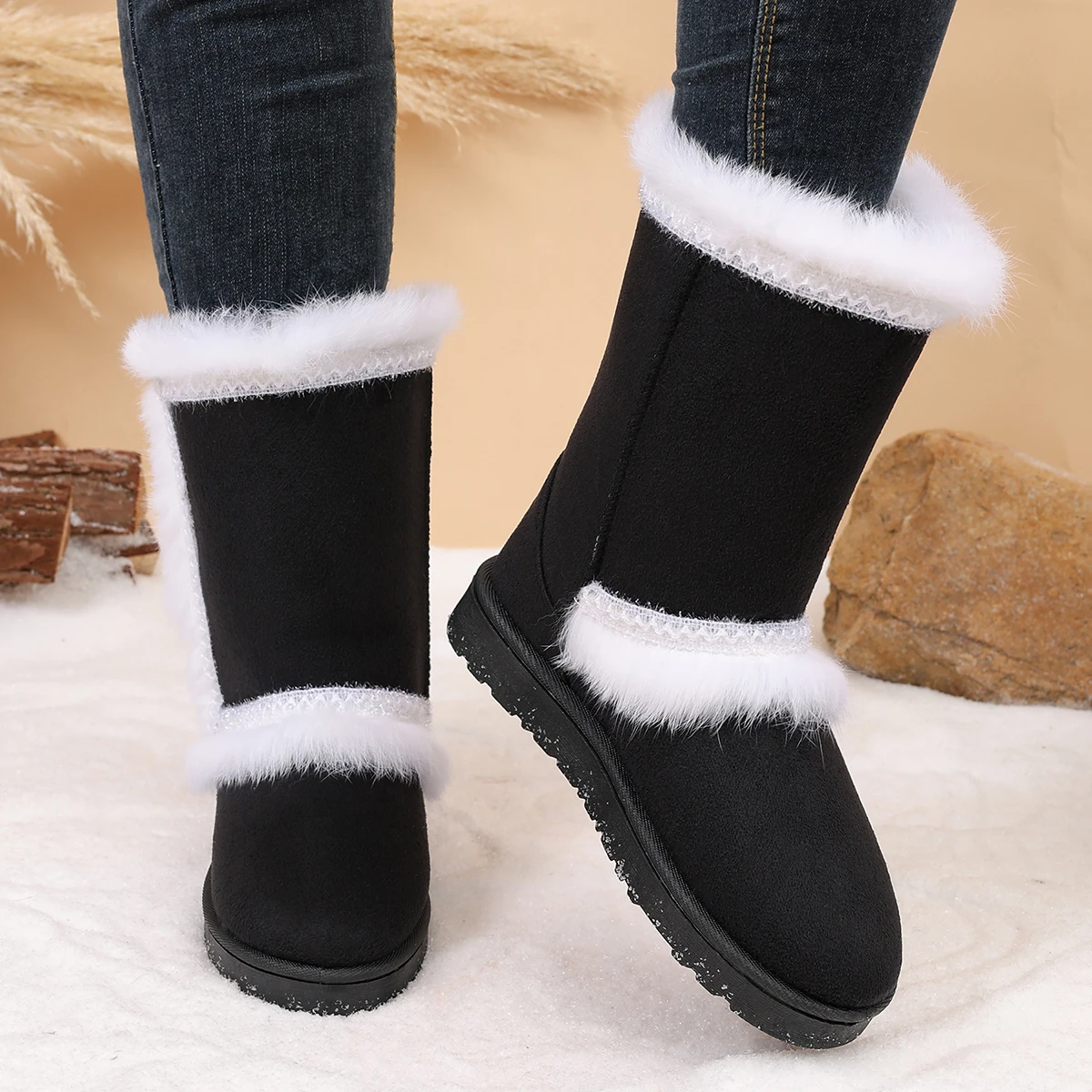 Elegante Winterstiefel mit Rundem Zeh, Sexy, Rutschfest, Lässig, Mittellang, Modisch, Neu, Bequem, Große Größen, Damenstiefel – Detail 5