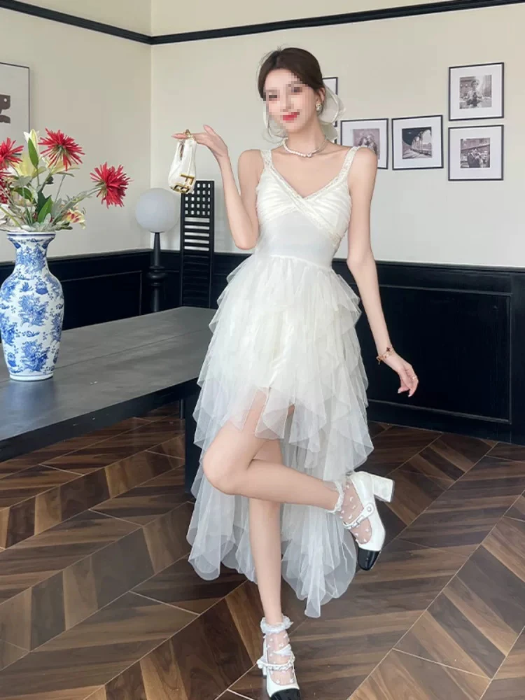 Princess Style A-Line Dress Lace Trim Mesh Paneling Waist Cinch Summer Casual V-Neck Sleeveless Commute Wind Irregular Skirt