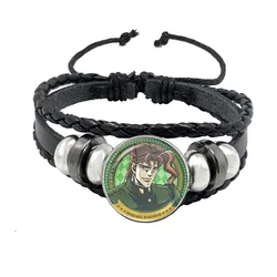 Fashion JoJos Bizarre Adventure Bracelet Kujou Jotarou Hot Anime Figures Glass Button Badge Multilayer Leather Bracelets Gift