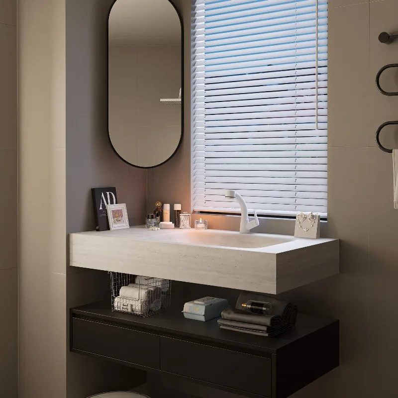 

New rock slab hot bending integrated basin minimalist hotel wind rubber wood paint-free double-layer bathroom cabinet