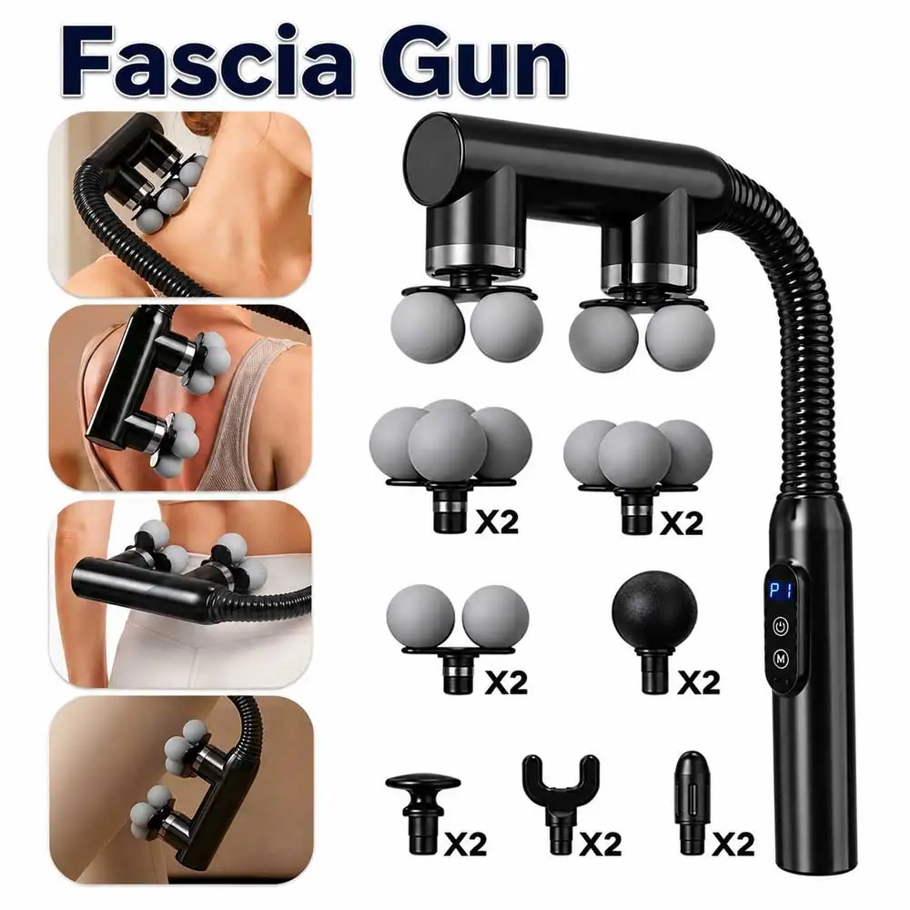 Dual Head Fascia Gun Deep Tissue Massage Gun 3000RPM Cordless Muscle Massager with 14 Massage Heads 6 Levels for Body Relaxation