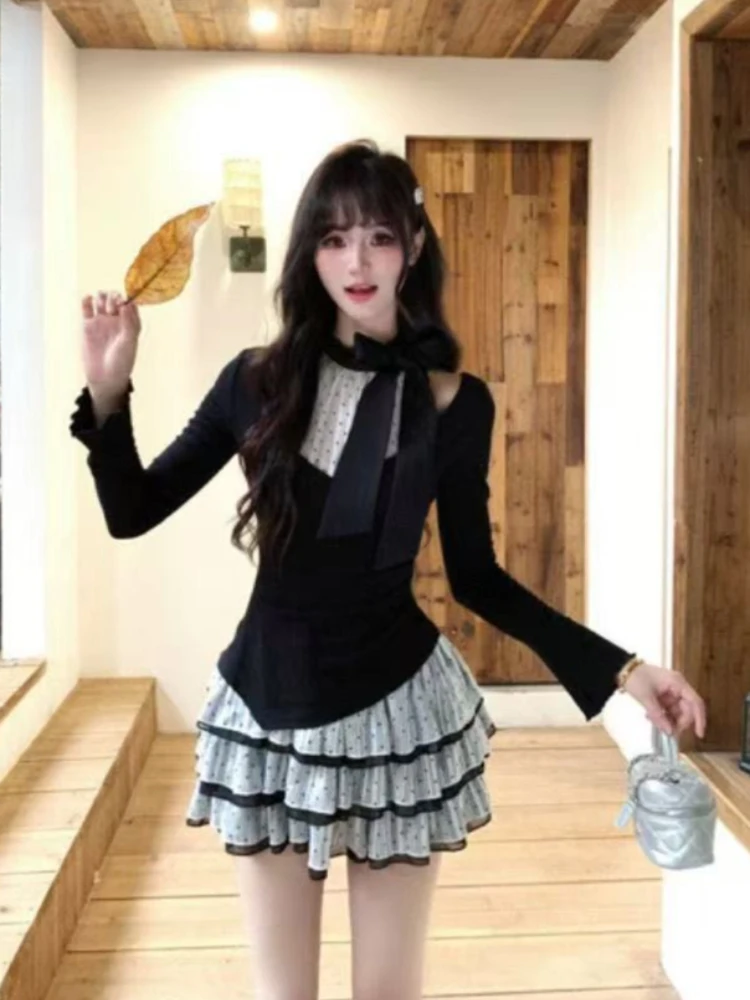French Sexy Princess Long Sleeve Skirt Suit Aesthetic Sweet Slim Lace Patchwork Set Bow Fashion Party Two Piece Sets 2024 Winter