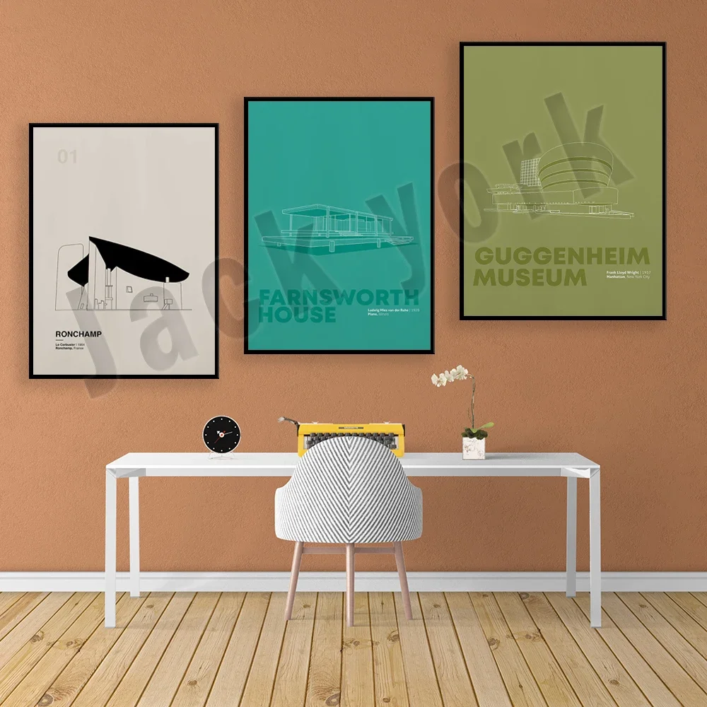 ملصق جرافيك Farnsworth House Mies van der Rohe، متحف Guggenheim، Le Corbusier's Villa Savoy، Longchamps الفرنسي للهندسة المعمارية #2