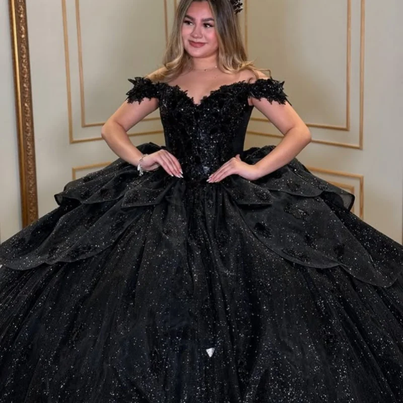 

Customized Shiny black Quinceanera Dresses Off the Shoulder crystal decal layering flower Bow Long tail Vestido 15 Quinceanera