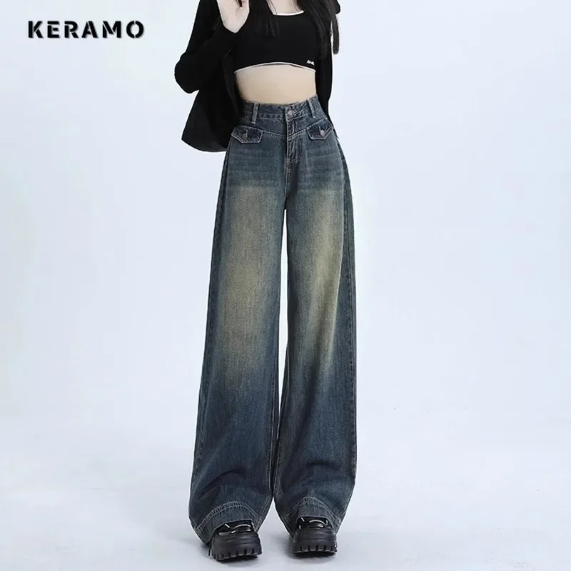 Retro High Waist Grunge Street Jean Pockets Hip-hop Baggy American Casual Pants Women's Emo Y2K Washed Baggy Denim Trouser