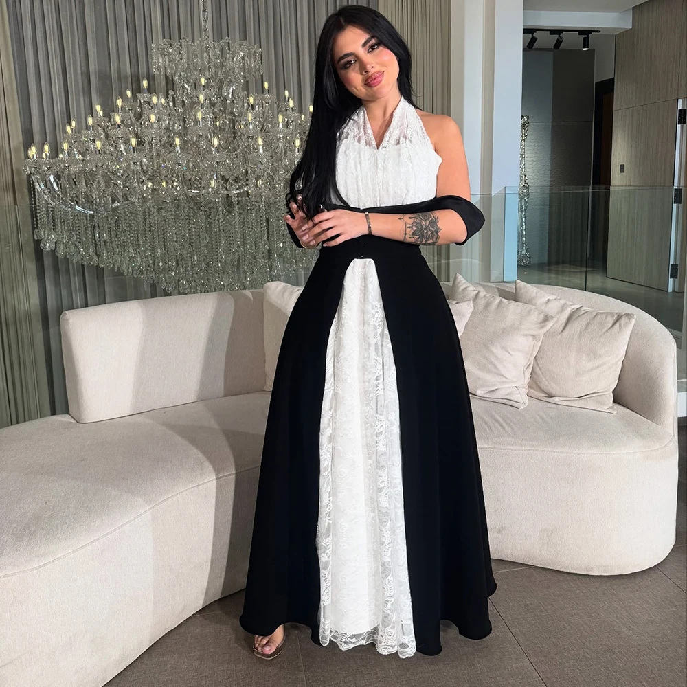 

Customized Halter Neckline Contrast Coloar Jersey Evening Dress Sleeveless Backless Party Dress A-line Drpaed Ankle Length Gown