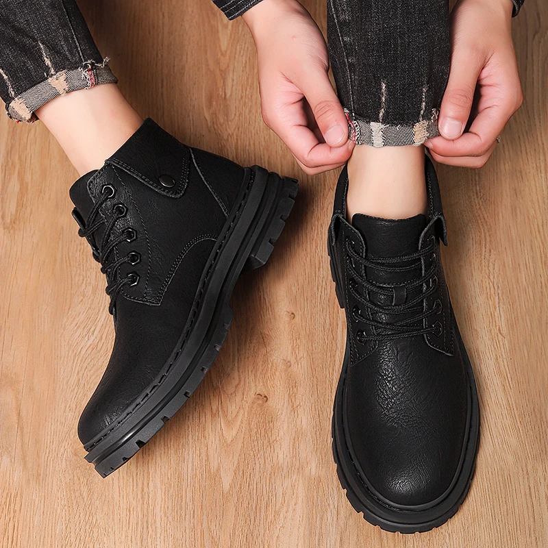 

High Quality Rubber Sole Anti Slip Walking Boots Luxury Brand Winter Plush Warm High Top Casual Boots Genuine Leather Mens Boots