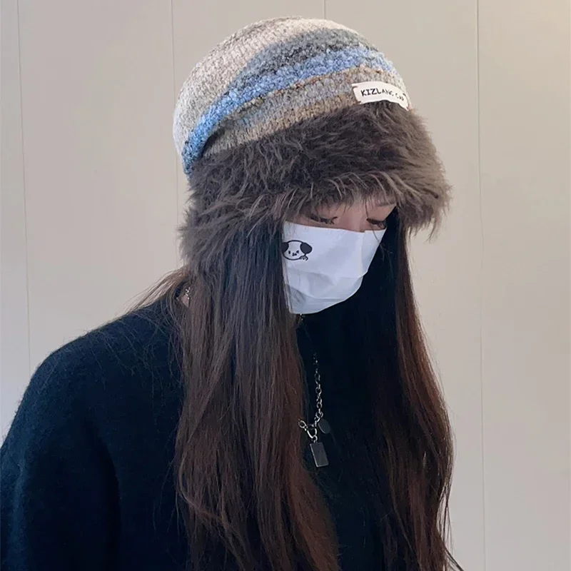 Colorful Plush Women Winter Hat Knitted Warm Baggy Beanie Outdoor Windproof Ladies Girls Ear Protection Cap