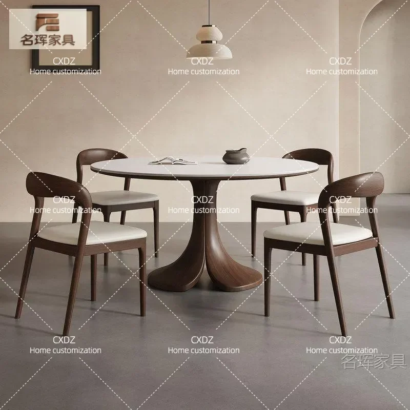 Modern Round Dining Table with Rock Slab Top Solid Wood Base Simple Retro Style Kitchen Furniture 2026 New Arrival