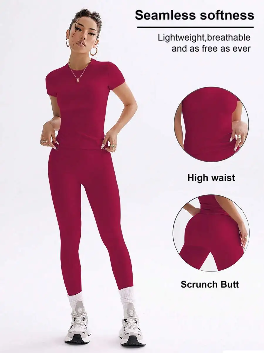 

Solid Color Crop Top And High Waist Leggings Set Stretchy Breathable Yoga Streetwear