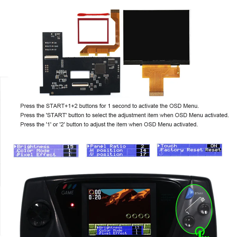 

Комплекты для модификации экрана Sega GG LCD IPS с сенсорным управлением для консоли SEGA Game Gear с корпусом.