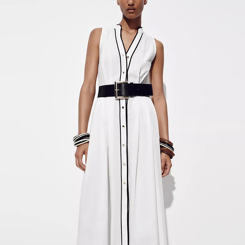 Vestido Midi F de Verão Novo Estilo com Decoração de Borda em Bloco de Cores, Saia em Camadas de Seda com Cintura Alta...