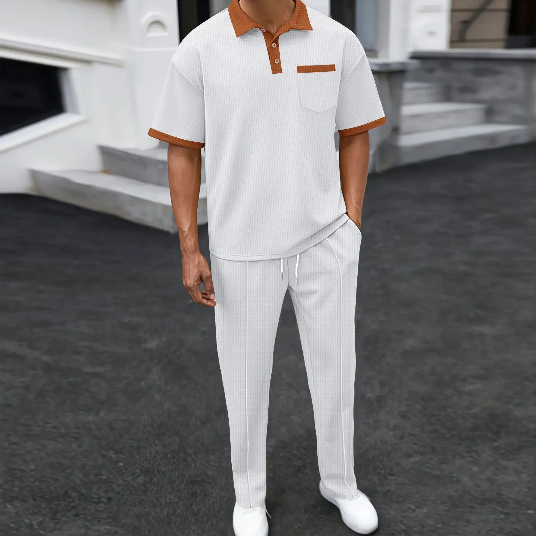 

Elastic Waist Trousers Two-piece Casual Set Men's New Lapel Color Blocking Pocket Short-sleeved