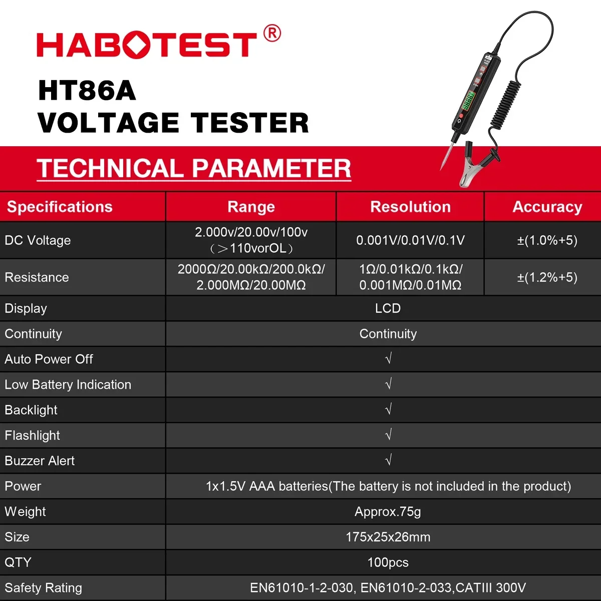 HABOTEST HT86A Car Voltage Detector Smart Voltage Tester Volt Pen Resistance Continuity Car Fault Maintenance Circuit Test Probe