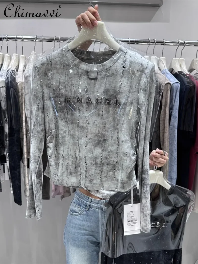 2024 Autumn New Design Tie-dye Heavy Industry Beads Broken Inside Shoulder Pads Long-Sleeved Top T-shirt For Women