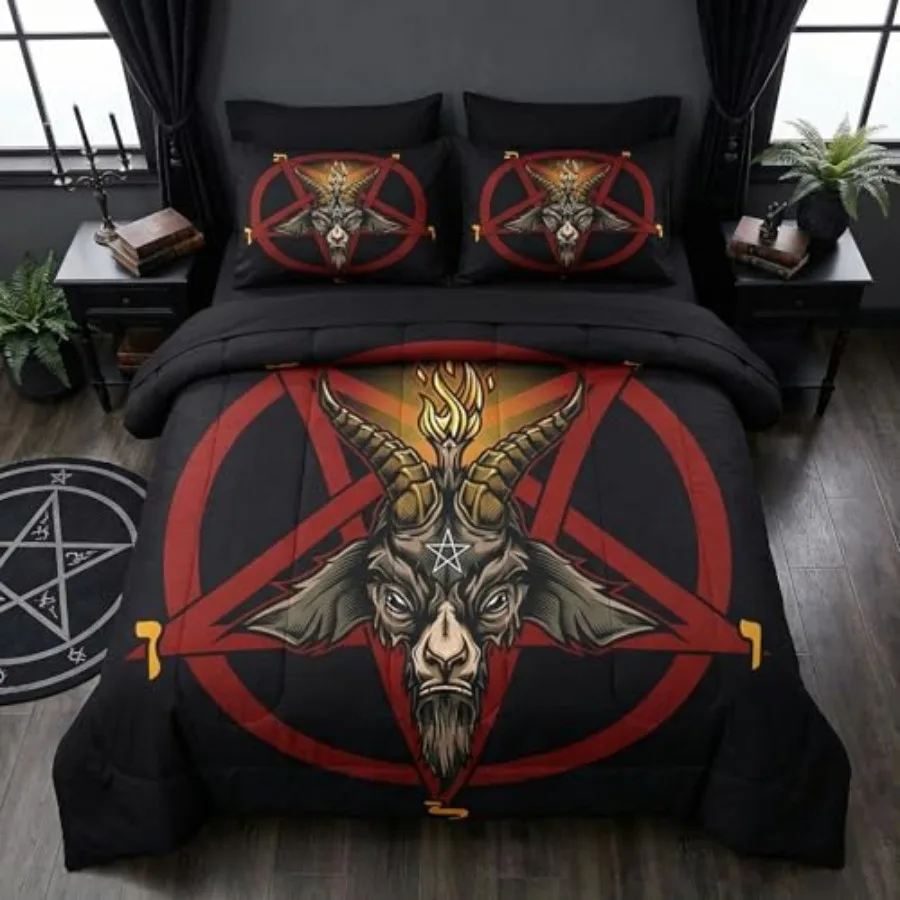 

Comforter Set Size, Baphomet Red Pentagram 7 Pcs Bedding for and Adults, Vintage Halloween Goat Black Bed Sheet Sets with Fitte