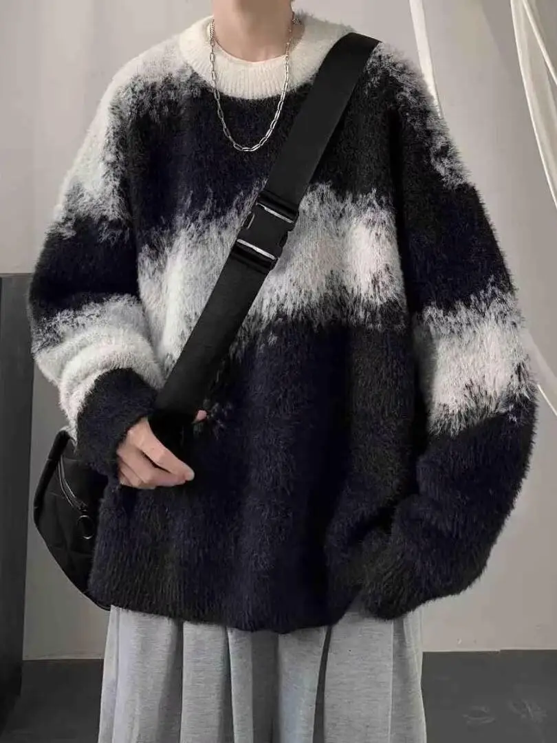 

Oversize American Retro Color Blo Lazy Sle Men's Knitwear Winter Loose Thiened Warm Outerwear Casual Youth Faion