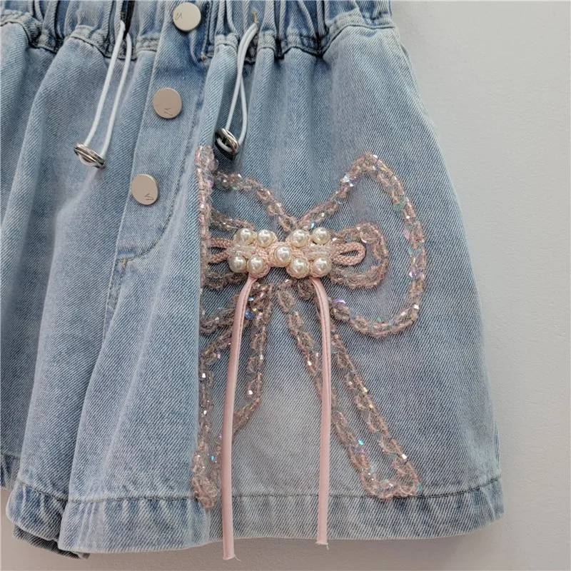 Heavy Industry Beads Diamond Pink Bow Shorts for Women 2024 Summer New High Waist Slimming Sexy Girl Wide-Leg Denim Shorts