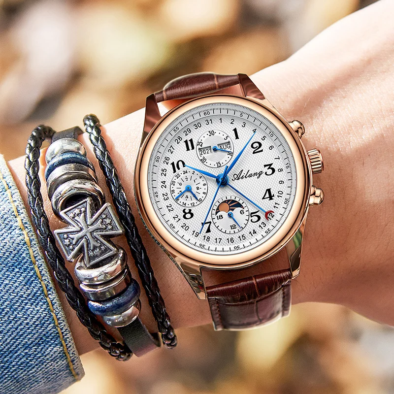 Ailang top luxury brand men\'s automatic mechanical watch moon phase calendar multi-function waterproof business wristwatch