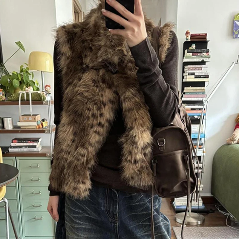 Leopard Faux Fur Women Vest Tank American Tie Front Fuzzy Coat Loose Cozy Retro Winter Outerwear Street Top