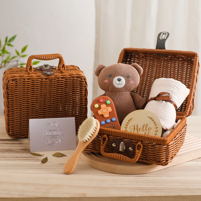 Baby Crochet Bear Rattle Teether Toys Silicone Mobile Phone Teething Toys Cotton Towel Wool Brush Weave Gift Box Bath Toys Set