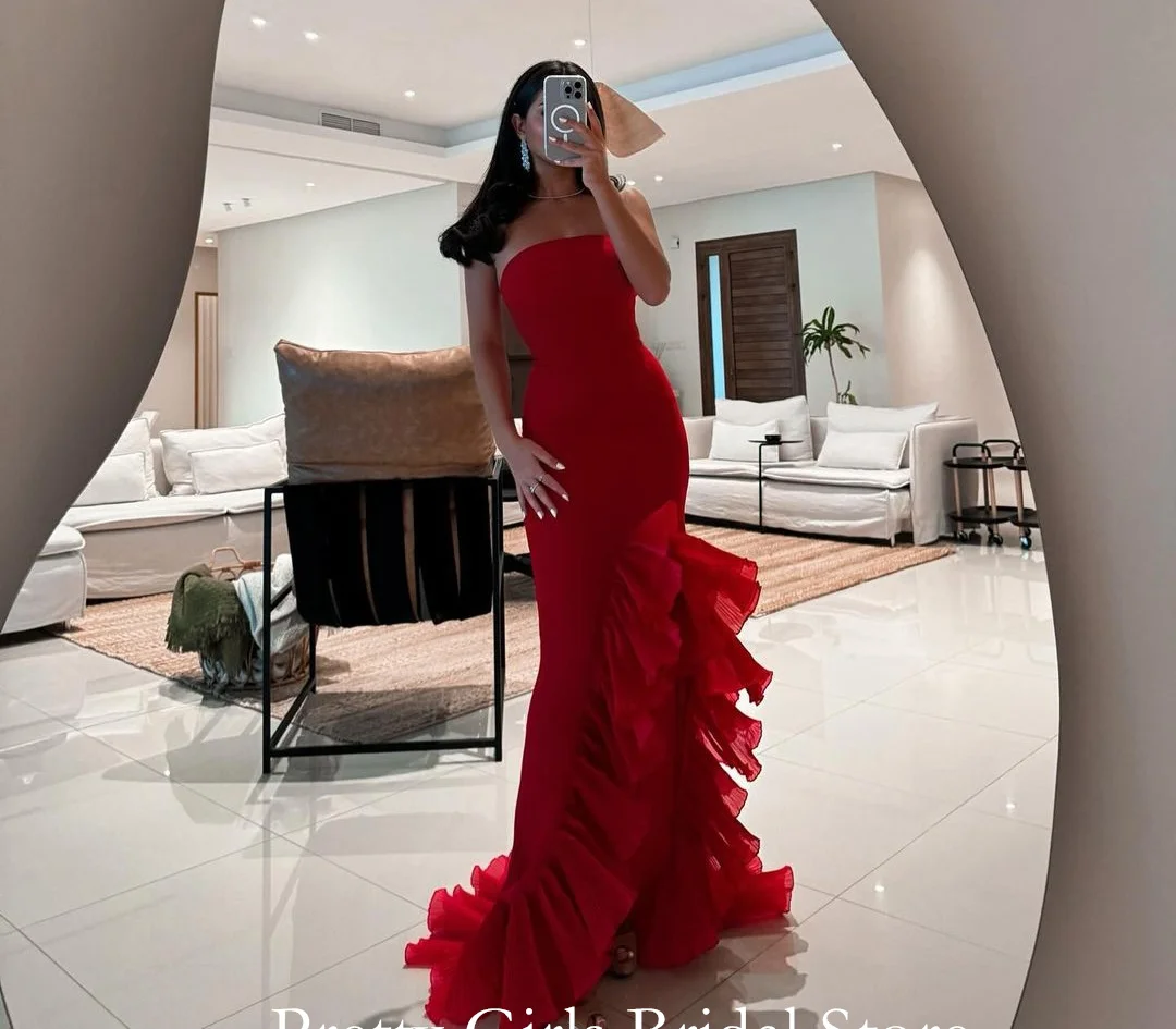 2024 Fashion Style Arabic Morden Customized  Ruffles Red Evening Dresses Formal Sleeveless Mermaid Prom Growns Party Women Bride