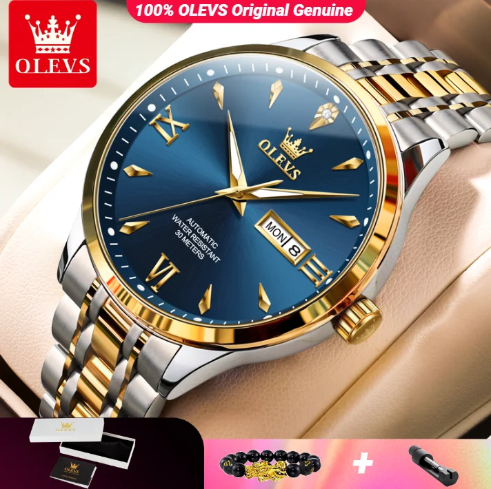 

OLEVS мужские часы классический двойной календарь дисплей водостойкие светящиеся деловые мужские автоматические механические наручные часы