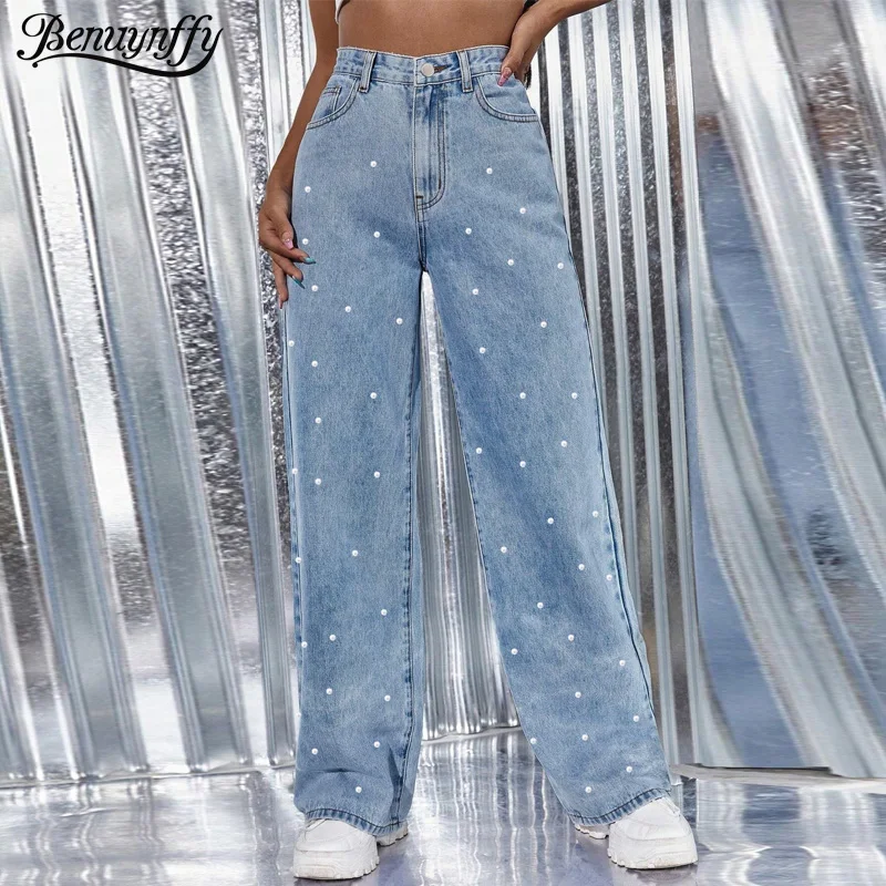 Benuynffy Pearl Beading Straight Denim Trousers Women's Streetwear Vintage High Waist Matching Casual Wide Leg Baggy Jeans 2025