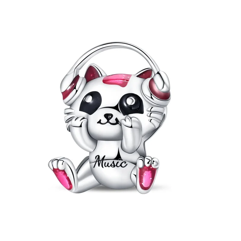 925 Sterling Silver Charms Bead Cute Colorful Cat Series - Music Cat Pendant Dangle Fit Original Bracelet DIY Women Jewelry