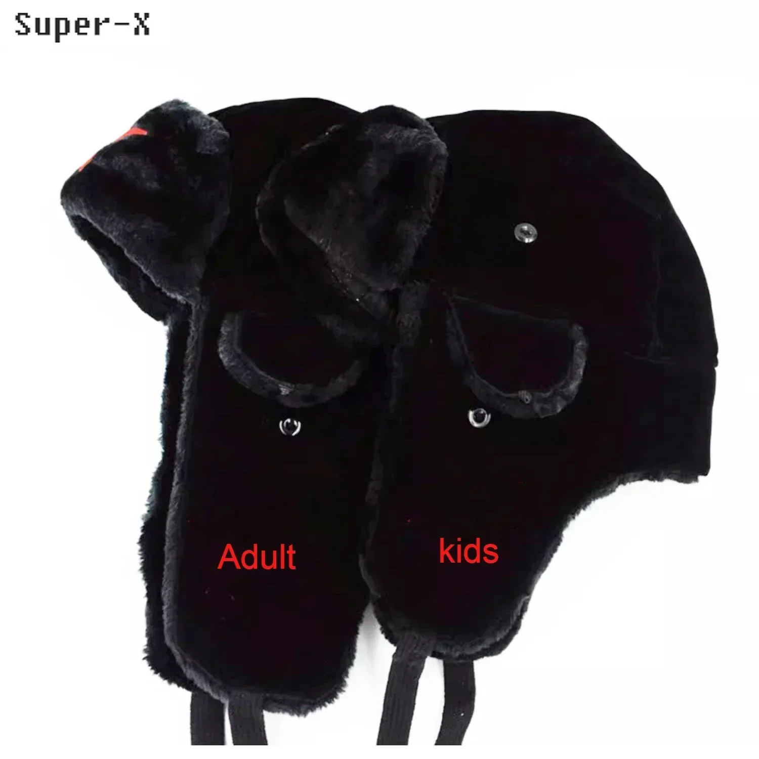 Mens Boys Winter Hat Red Star Label Aviator Ski Bomber Cap Parent-child Trapper Ear Flaps Black Russian Hat Fluffy Faux Fur