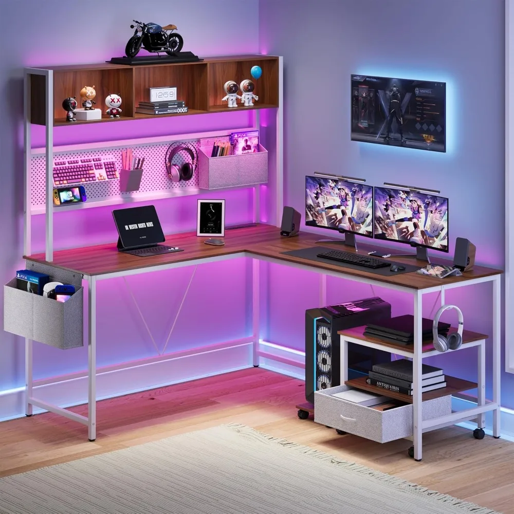 

L Shaped Desk with Pegboard and Removable Filing Cabinet, Reversible 67” Gaming Desk with Power Outlet and Led, Computer