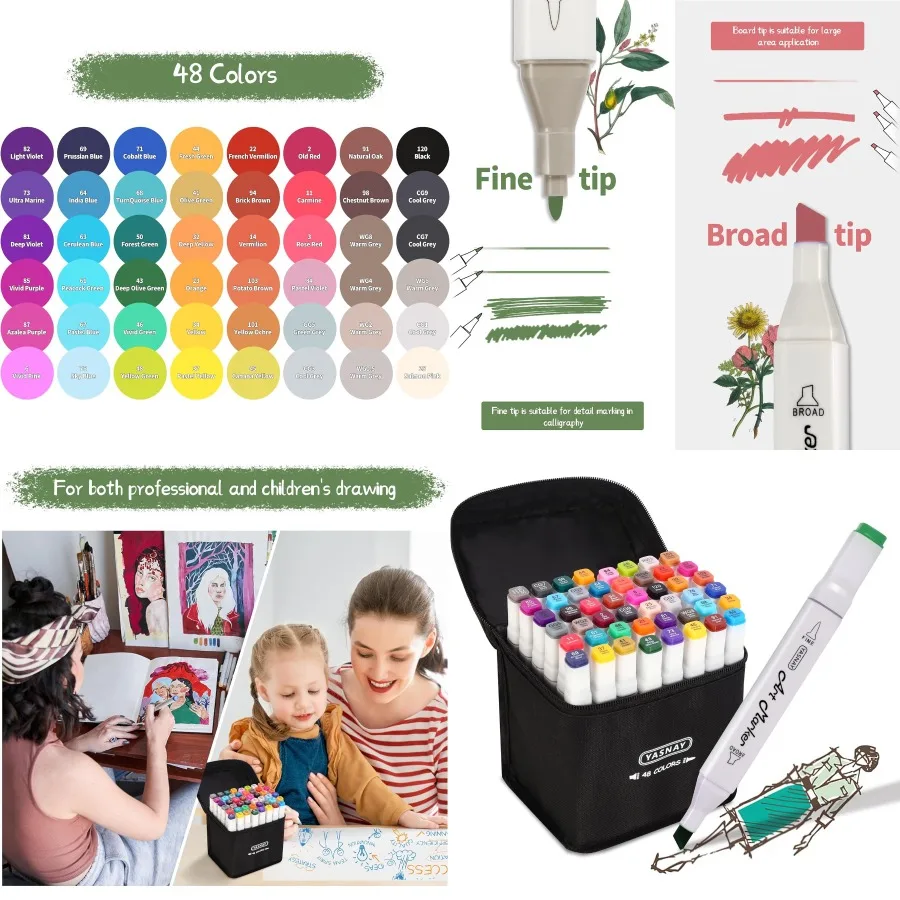 

Спиртовые маркеры, 48 цветов, художественный маркер с двумя наконечниками для творческого рисования и раскрашивания, идеально подходит для рисования и раскрашивания для взрослых Enthusia
